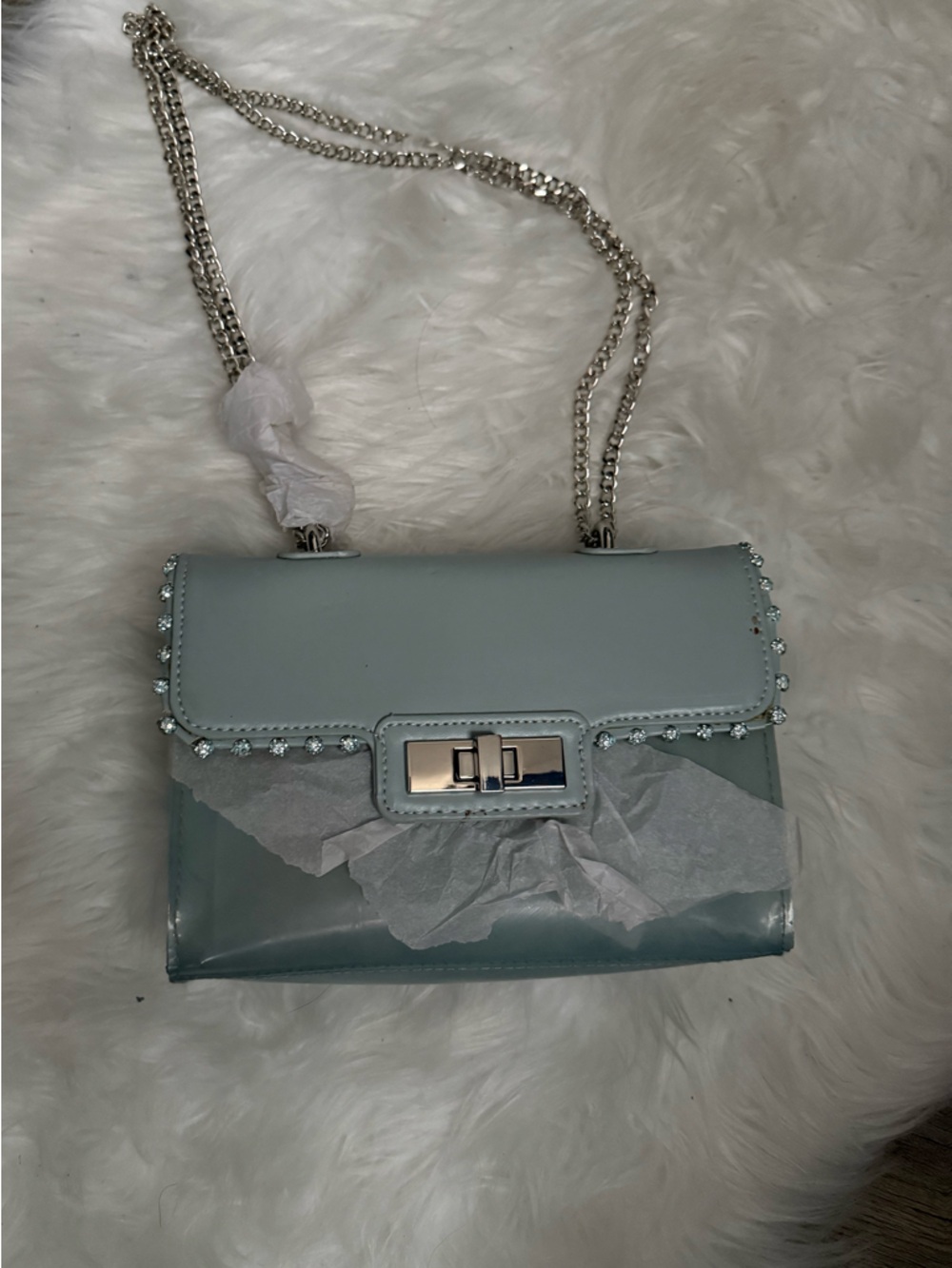Steve Madden Elegant Stud-Trim Light Blue Crossbody Bag with Chain Strap